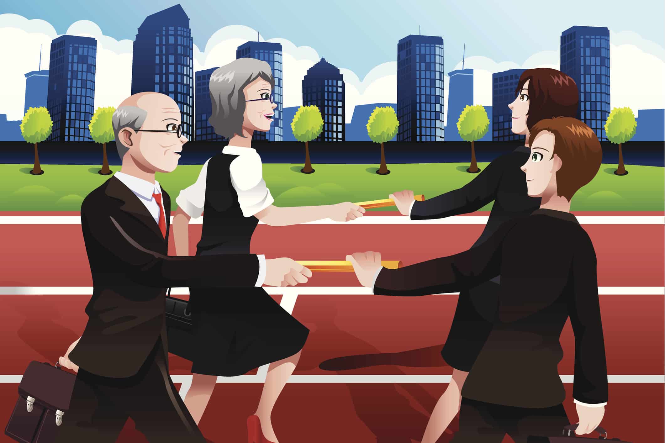 vector illustration of older business people passing batons to the younger generation
